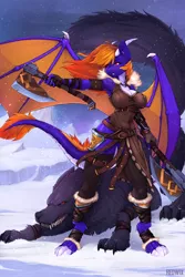 Size: 3000x4500 | Tagged: safe, artist:redwix, derpibooru import, oc, oc:violet flare, anthro, dracony, dragon, hybrid, wolf, axe, clothes, female, horns, image, png, snow, snowfall, weapon, wings