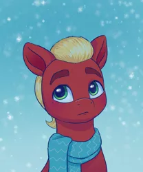 Size: 636x763 | Tagged: safe, artist:malarkey, derpibooru import, sprout cloverleaf, earth pony, pony, clothes, colored sketch, g5, image, male, png, scarf, snow, solo