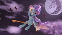 Size: 3840x2160 | Tagged: safe, artist:xppp1clubs, derpibooru import, trixie, pony, unicorn, 3d, broom, cape, clothes, cute, cutie mark, diatrixes, flying, flying broomstick, hat, horn, image, jpeg, mare in the moon, moon, solo, tail, trixie's cape, trixie's hat