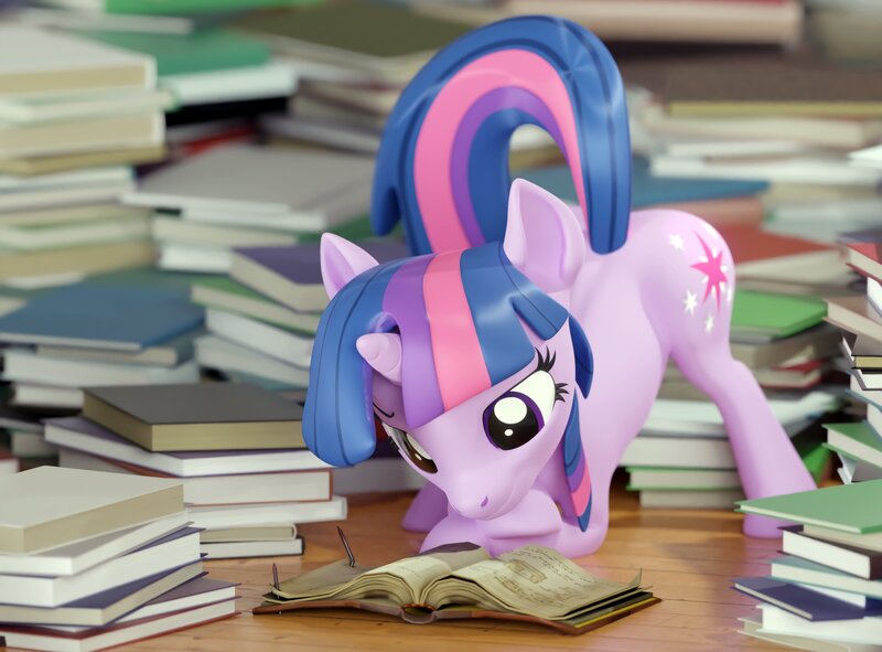 Size: 3840x2838 | Tagged: safe, artist:xppp1clubs, derpibooru import, twilight sparkle, pony, unicorn, 3d, book, cutie mark, horn, image, jpeg, reading, solo, tail, that pony sure does love books, unicorn twilight