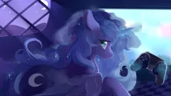Size: 1920x1080 | Tagged: safe, artist:haidiannotes, edit, editor:unofficial edits thread, princess luna, alicorn, pony, gamer luna, controller, ears, ethereal mane, female, floppy ears, image, looking at you, magic, mare, night, png, solo, starry mane, telekinesis, watermark removal