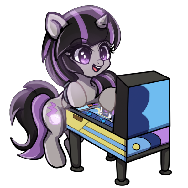 Size: 1000x1000 | Tagged: safe, artist:leokatana, derpibooru import, oc, oc:magna-save, unofficial characters only, pony, unicorn, cute, female, horn, image, magic, pinball, pinball machine, png, simple background, solo