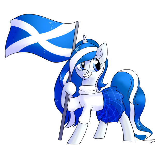 Size: 2500x2500 | Tagged: safe, artist:northernlightsone, derpibooru import, oc, oc:balmoral, unofficial characters only, pony, unicorn, clothes, derpibooru exclusive, female, flag, grin, high res, horn, image, kilt, mare, png, raised flag, scotland, simple background, smiling, solo, sweater, transparent background, unicorn oc