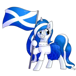 Size: 2500x2500 | Tagged: safe, artist:northernlightsone, derpibooru import, oc, oc:balmoral, unofficial characters only, pony, unicorn, clothes, derpibooru exclusive, female, flag, grin, high res, horn, image, kilt, mare, png, raised flag, scotland, simple background, smiling, solo, sweater, transparent background, unicorn oc