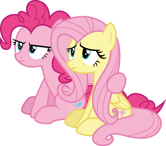 Size: 3415x3000 | Tagged: safe, artist:cloudyglow, derpibooru import, fluttershy, pinkie pie, earth pony, pegasus, pony, school raze, .ai available, duo, duo female, female, high res, image, mare, png, simple background, sitting, transparent background, vector