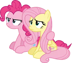 Size: 3415x3000 | Tagged: safe, artist:cloudyglow, derpibooru import, fluttershy, pinkie pie, earth pony, pegasus, pony, school raze, .ai available, duo, duo female, female, high res, image, mare, png, simple background, sitting, transparent background, vector
