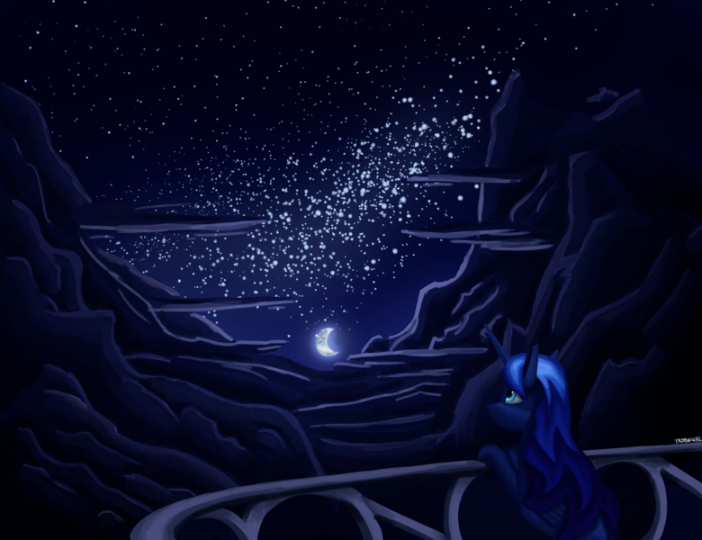 Size: 3250x2500 | Tagged: safe, artist:trotski432, derpibooru import, princess luna, alicorn, pony, balcony, cloud, female, horn, image, mare, moon, moonlight, night, night sky, png, railing, sky, solo, stars