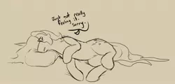 Size: 2700x1300 | Tagged: safe, artist:sile-animus, derpibooru import, oc, oc:sile, pony, unicorn, dialogue, image, jpeg, lying down, male, monochrome, pillow, solo, text