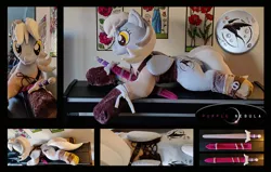 Size: 1280x815 | Tagged: safe, artist:purplenebulastudios, derpibooru import, derpy hooves, pony, ciri, image, irl, jpeg, life size, lying down, photo, plushie, prone, solo, sword, the witcher, weapon