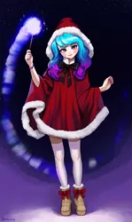 Size: 1500x2517 | Tagged: safe, artist:mrscroup, derpibooru import, izzy moonbow, human, my little pony: a new generation, blushing, bracelet, christmas, clothes, g5, holiday, humanized, image, jewelry, jpeg, looking at you, magic, shoes, socks, stockings, thigh highs, wand