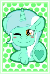 Size: 1200x1800 | Tagged: artist needed, safe, lyra heartstrings, pony, unicorn, blush sticker, blushing, chest fluff, cute, female, heart, heart hoof, image, looking at you, lyrabetes, mare, one eye closed, png, polka dot background, smiling, solo, underhoof, wink