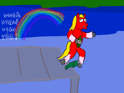 Size: 500x374 | Tagged: safe, artist:horsesplease, derpibooru import, sprout cloverleaf, unown, bottle, derp, doodle, drunk, g5, image, meme, ocean, parody, pier, png, pokémon, ponified meme, rainbow, sad sprout, sprout, this will end in pain