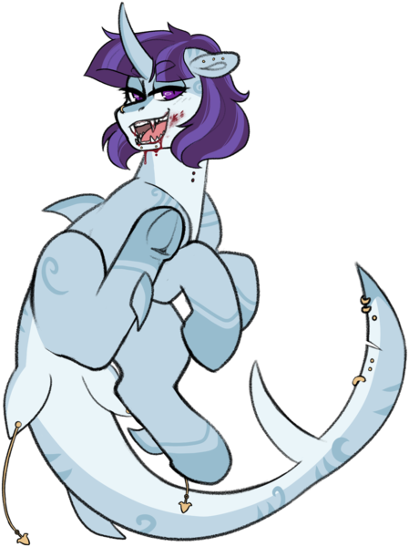 Size: 1313x1753 | Tagged: safe, artist:liefsong, derpibooru import, oc, oc:killi thaum, unofficial characters only, original species, shark, shark pony, undead, vampire, blood, fangs, female, image, piercing, png, species swap, underhoof