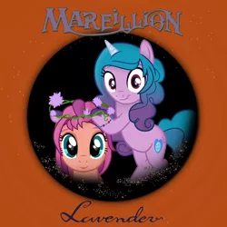 Size: 2000x2000 | Tagged: safe, artist:grapefruit-face, derpibooru import, izzy moonbow, sunny starscout, pony, duo, floral head wreath, flower, g5, g5 to g4, image, lavender, marillion, png, ponified single cover, shipping, single cover, song reference