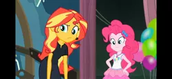 Size: 2340x1080 | Tagged: safe, derpibooru import, screencap, pinkie pie, sunset shimmer, all the world's off stage, equestria girls, equestria girls series, all the world's off stage: pinkie pie, balloon, best friends, bff, black pants, black shirt, bow, clothes, confused, duo, duo female, earpiece, female, geode of sugar bombs, hair bow, hairband, hand on hip, image, jpeg, magical geodes, rah rah skirt, skirt, sleeveless, smiley face, tanktop, unamused