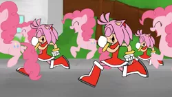 Size: 3584x2016 | Tagged: safe, artist:animatedjames, derpibooru import, pinkie pie, amy rose, clone, crossover, image, pinkie clone, png, running, sonic the hedgehog (series)