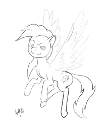 Size: 1671x1920 | Tagged: safe, artist:underwoodart, derpibooru import, oc, oc:shooting star, pegasus, black and white, flying, grayscale, image, monochrome, pegasus oc, png, simple background, sketch, smug, white background, wings, wings extended, wip