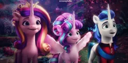Size: 4094x2027 | Tagged: safe, artist:annaxeptable, artist:xciax, derpibooru import, edit, princess cadance, princess flurry heart, shining armor, alicorn, pony, unicorn, my little pony: a new generation, 3d, clothes, crown, curly hair, everfree forest, family, female, g4, g4 to g5, g5, generation leap, i can't believe it's not hasbro studios, image, jewelry, male, mare, older, older flurry heart, png, regalia, shiningcadance, shipping, spread wings, stallion, straight, suit, tiara, trio, updo, wings