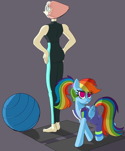 Size: 2914x3512 | Tagged: safe, artist:_ton618_, derpibooru import, pegasus, pony, ass, butt, crossover, duo, female, image, jpeg, mare, pearl (steven universe), steven universe, workout outfit, yoga ball