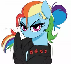 Size: 2039x1825 | Tagged: safe, artist:_ton618_, derpibooru import, rainbow dash, pegasus, pony, alternate hairstyle, alternate universe, fantasy class, female, hair bun, image, jpeg, lidded eyes, looking at you, mare, rogue, solo