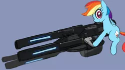 Size: 2458x1366 | Tagged: safe, artist:_ton618_, derpibooru import, rainbow dash, pegasus, pony, chaingun, crossover, doom, doom eternal, female, image, jpeg, mare, smiling, solo