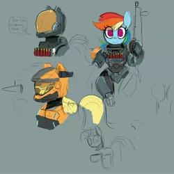 Size: 4096x4096 | Tagged: safe, artist:_ton618_, derpibooru import, applejack, rainbow dash, twilight sparkle, earth pony, pegasus, pony, semi-anthro, unicorn, armor, crossover, dialogue, female, gun, halo (series), helmet, image, jpeg, looking at you, mare, no pupils, shotgun shell, smiling, spartan armor, speech bubble, weapon