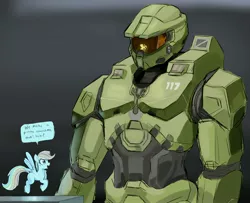 Size: 4096x3324 | Tagged: safe, artist:_ton618_, derpibooru import, rainbow dash, human, pegasus, pony, armor, artificial intelligence, crossover, dialogue, duo, halo (series), image, jpeg, master chief, speech bubble