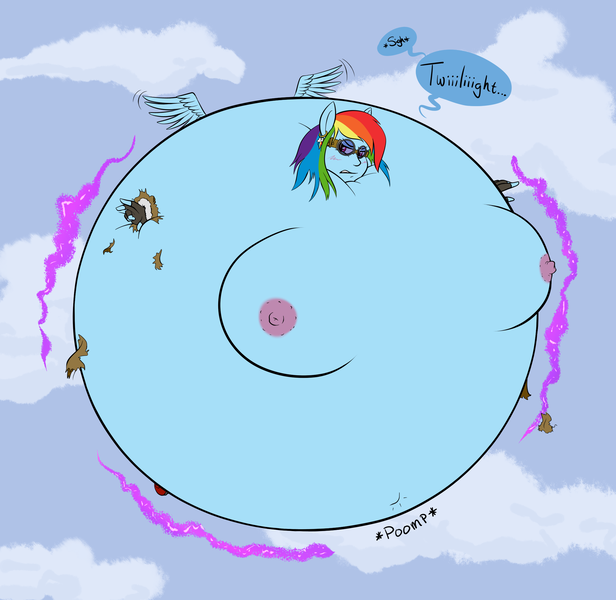 Size: 2581x2515 | Tagged: questionable, artist:lowkey, artist:okiedokielowkey, derpibooru import, rainbow dash, human, air inflation, belly button, breasts, clothes, dialogue, female, floating, gloves, goggles, high res, humanized, image, implied twilight sparkle, inflation, magic, magic aura, nipples, nudity, outie belly button, png, pony coloring, ripping clothes, solo, speech bubble, wardrobe malfunction, winged humanization, wings