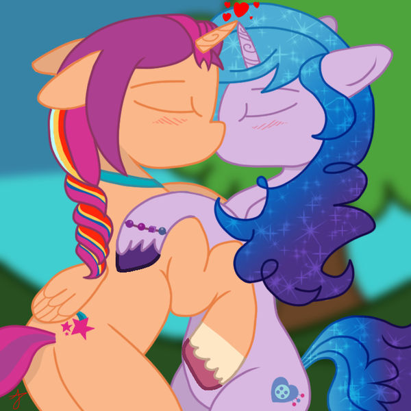 Size: 600x600 | Tagged: safe, artist:applejunksparkler, derpibooru import, izzy moonbow, sunny starscout, alicorn, pony, unicorn, my little pony: a new generation, eyes closed, female, g5, heart, horn, horns are touching, hug, image, izzyscout, jpeg, kissing, lesbian, shipping, sunnycorn