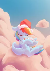 Size: 2819x4000 | Tagged: safe, artist:senaelik, derpibooru import, rainbow dash, pegasus, pony, chocolate, christmas, cloud, cute, dashabetes, ear fluff, eyes closed, female, floppy ears, food, hat, high res, holiday, hoof hold, hot chocolate, image, jpeg, mare, missing cutie mark, mug, on a cloud, santa hat, sitting, solo