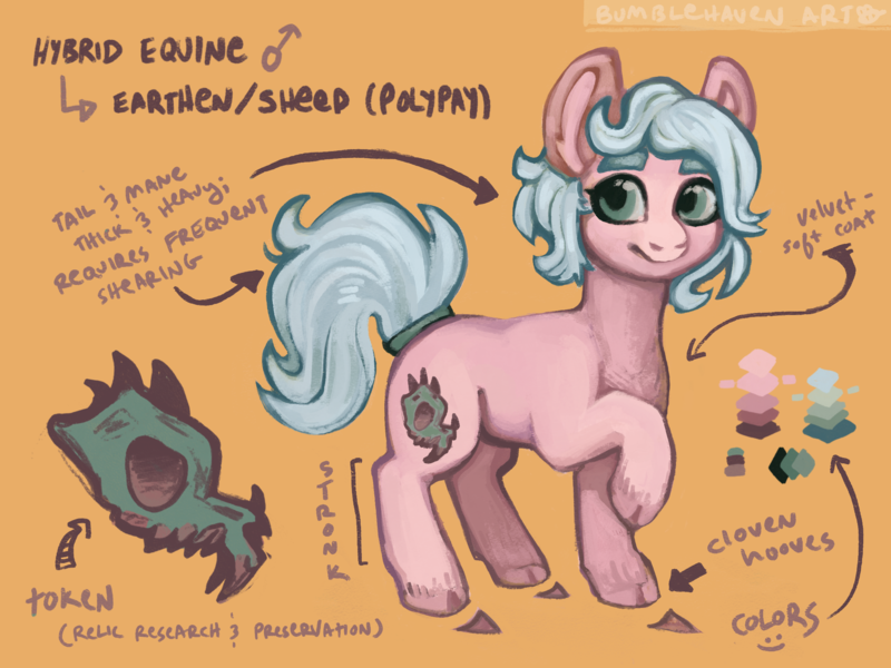 Size: 2160x1620 | Tagged: safe, artist:bumblehavenart, derpibooru import, oc, hybrid, pony, sheep, cloven hooves, cutie mark, image, lamb, male, orange background, pink, png, polypay sheep, raised hoof, reference sheet, simple background, skull cutie mark, smiling, solo, stallion, text