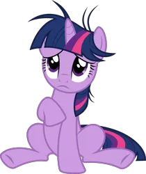 Size: 6000x7148 | Tagged: safe, artist:twilirity, derpibooru import, twilight sparkle, pony, unicorn, lesson zero, .svg available, absurd resolution, female, frown, full body, horn, image, looking up, mare, messy mane, multicolored mane, multicolored tail, png, purple eyes, simple background, sitting, solo, tail, transparent background, unicorn twilight, vector