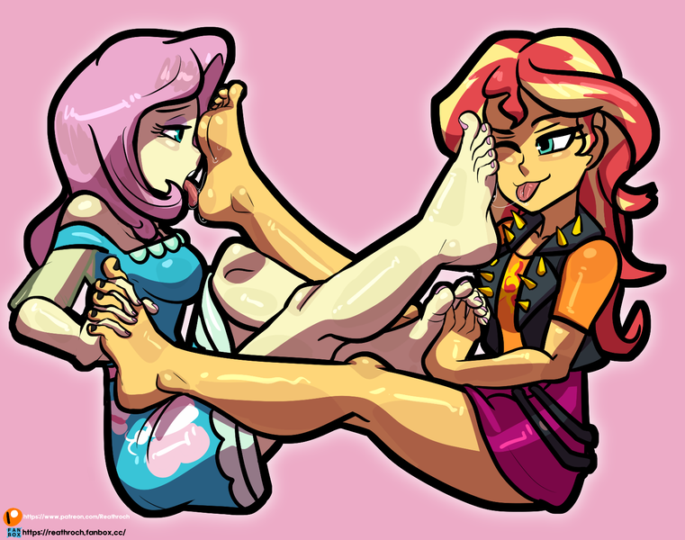 Size: 1535x1211 | Tagged: suggestive, artist:reathroch, derpibooru import, fluttershy, sunset shimmer, human, equestria girls, barefoot, feet, female, fetish, foot fetish, foot worship, humanized, image, lesbian, licking, licking foot, nail polish, png, saliva on feet, shipping, sunshyne, toenail polish, tongue out