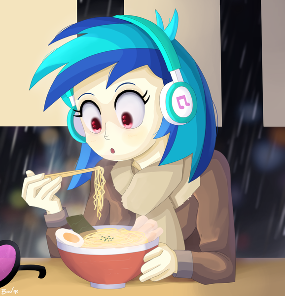 Size: 1925x2000 | Tagged: safe, artist:biocrine, derpibooru import, vinyl scratch, equestria girls, blowing, bowl, chopsticks, clothes, eating, food, headphones, image, jacket, noodles, png, rain, ramen, scarf, solo, steam, sunglasses