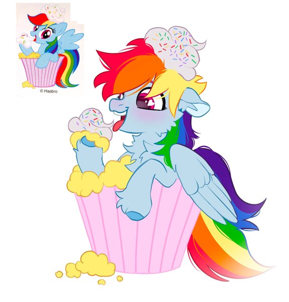 Size: 1961x2048 | Tagged: safe, artist:draw3, derpibooru import, rainbow dash, pegasus, pony, chest fluff, cupcake, food, image, jpeg, open mouth, smiling, tongue out