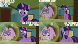 Size: 1280x720 | Tagged: safe, derpibooru import, edit, edited screencap, editor:quoterific, screencap, princess flurry heart, twilight sparkle, twilight sparkle (alicorn), alicorn, pony, a flurry of emotions, season 7, baby, baby pony, female, filly, image, jpeg, magic, mare, open mouth, ponyville hospital, sad, telekinesis