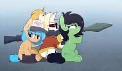 Size: 2373x1382 | Tagged: safe, artist:shinodage, ponybooru import, oc, oc:anonfilly, oc:dyx, oc:little league, unofficial characters only, alicorn, earth pony, pony, female, filly, foal, image, png, rocket launcher
