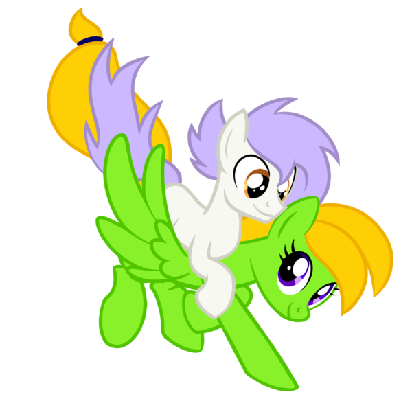 Size: 1200x1200 | Tagged: safe, artist:candy meow, derpibooru import, oc, oc:candy meow, oc:mockery, unofficial characters only, earth pony, pegasus, pony, derpibooru community collaboration, 2022 community collab, colt, derpibooru exclusive, digital art, duo, earth pony oc, female, flying, foal, image, looking at each other, looking at someone, male, mane, mare, pegasus oc, png, ponies riding ponies, riding, show accurate, simple background, smiling, spread wings, tail, tail band, transparent background, wings