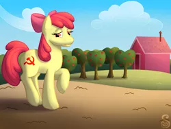 Size: 1600x1200 | Tagged: safe, artist:shrineheart, derpibooru import, apple bloom, earth pony, pony, bow, communism, cutie mark, farm, female, filly, hammer and sickle, image, png, sad, tree