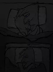 Size: 1900x2600 | Tagged: safe, artist:somber, derpibooru import, oc, unofficial characters only, gryphon, bed, blanket pillow, cuddling, dark, depression, edgy, female, griffon oc, hug, image, male, png, snuggling, thought bubble