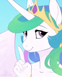 Size: 480x592 | Tagged: safe, artist:ladychimaera, derpibooru import, princess celestia, alicorn, anthro, blue background, bust, eyelashes, female, image, jewelry, png, shhh, simple background, smiling, tiara