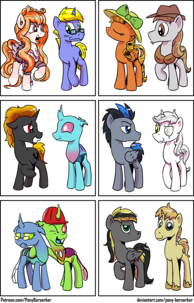 Size: 2450x3815 | Tagged: safe, artist:pony-berserker, derpibooru import, oc, oc:berzie, oc:dopple, oc:final drive, oc:longhaul, oc:midnight blaze, oc:ornate fawn, oc:shadowed ember, oc:silver sickle, oc:slipstream, oc:southern comfort, oc:stainless key, oc:szafalesiaka, changedling, changeling, earth pony, pegasus, unicorn, changeling oc, clothes, community collab, compilation, glasses, hat, image, looking at each other, looking at someone, looking at the camera, png, scar