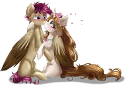 Size: 1024x689 | Tagged: safe, artist:gihhbloonde, derpibooru import, oc, oc:condensed milk, oc:gihh bloonde, unofficial characters only, alicorn, pegasus, alicorn oc, female, horn, hug, image, pegasus oc, png, simple background, smiling, transparent background, wings