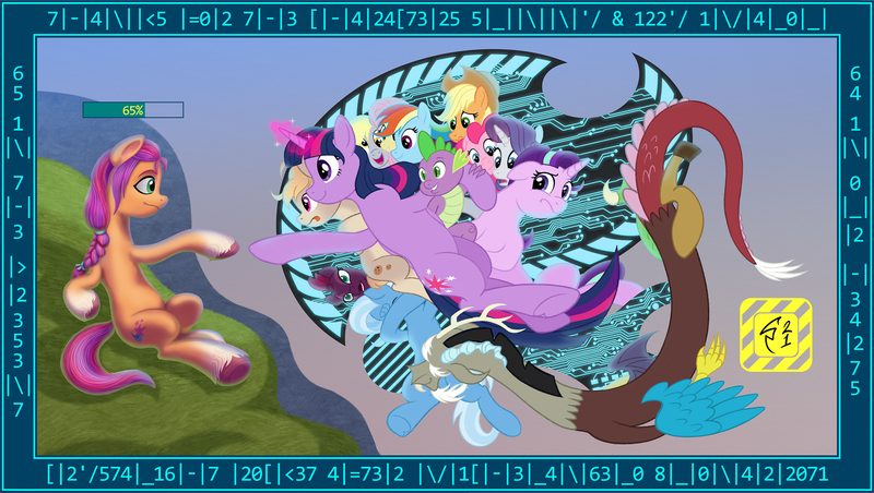 Size: 2368x1337 | Tagged: safe, artist:crystalightrocket, derpibooru import, applejack, derpy hooves, discord, fizzlepop berrytwist, fluttershy, pinkie pie, rainbow dash, rarity, spike, starlight glimmer, sunny starscout, tempest shadow, trixie, twilight sparkle, oc, oc:cookie malou, alicorn, draconequus, dragon, earth pony, pegasus, pony, unicorn, my little pony: a new generation, spoiler:g5, 1337, anniversary, creation, dab, female, fine art parody, g4, g5, happy birthday mlp:fim, image, jpeg, male, mare, michelangelo, mlp fim's eleventh anniversary, mountain, numbers, outdoors, reference, smiling, starlight is not amused, sunny and her heroine, surprised, the creation of adam, unamused, unshorn fetlocks