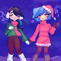 Size: 1280x1280 | Tagged: safe, artist:panimeko, derpibooru import, coloratura, sapphire shores, human, blushing, boots, caroling, christmas, clothes, cute, duo, earmuffs, eyes closed, female, gloves, hat, holiday, humanized, image, music notes, night, png, rara, santa hat, scarf, shoes, singing, snow, socks, stockings, sweater, thigh highs, winter