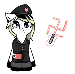 Size: 863x853 | Tagged: dead source, safe, alternate version, artist:neuro, oc, oc:aryanne, unofficial characters only, earth pony, pony, clothes, female, hat, image, lightsaber, looking at you, mare, nazi, nazipone, png, simple background, solo, star wars, swastika, transparent background, uniform, weapon