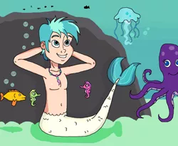 Size: 1668x1365 | Tagged: safe, artist:ocean lover, derpibooru import, terramar, fish, human, jellyfish, merboy, mermaid, merman, octopus, seahorse, arm behind head, belly button, bubble, cute, disney style, fish tail, humanized, image, jewelry, looking up, male, mermaid tail, necklace, ocean, pearl necklace, png, rock, smiling, tail, terrabetes, underwater