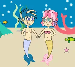 Size: 1413x1262 | Tagged: safe, artist:ocean lover, derpibooru import, kettle corn, skeedaddle, fish, human, merboy, mermaid, merman, starfish, belly button, blushing, bra, bubble, chest, clothes, coral reef, cute, female, fish tail, holding hands, humanized, image, implied shipping, in love, kedaddle, kelp, kids, looking at each other, looking at someone, male, mermaidized, mermaid tail, ocean, png, seashell bra, seaweed, shipping, species swap, straight, tail, underwater, underwear