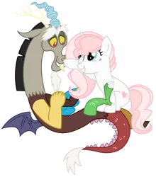 Size: 839x953 | Tagged: safe, artist:cirillaq, derpibooru import, discord, oc, oc:sweetheart, draconequus, pony, unicorn, boop, canon x oc, commission, image, png, shipping, simple background, white background
