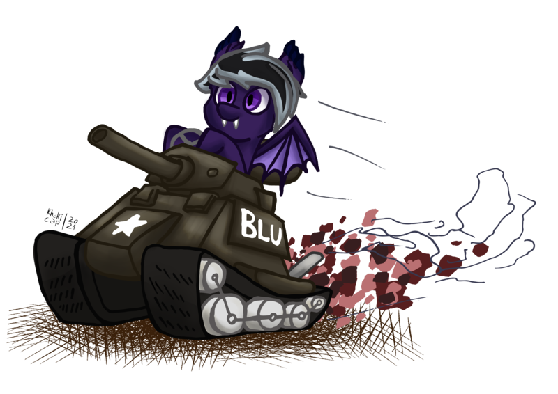 Size: 7016x4961 | Tagged: safe, artist:khaki-cap, derpibooru import, oc, unofficial characters only, bat pony, bat pony oc, bat wings, cannon, commission, dirt, dust, fangs, fast, happy, image, png, raffle, raffle prize, simple background, tank (vehicle), team fortress 2, transparent background, twitter link, wings, wings down, ych result